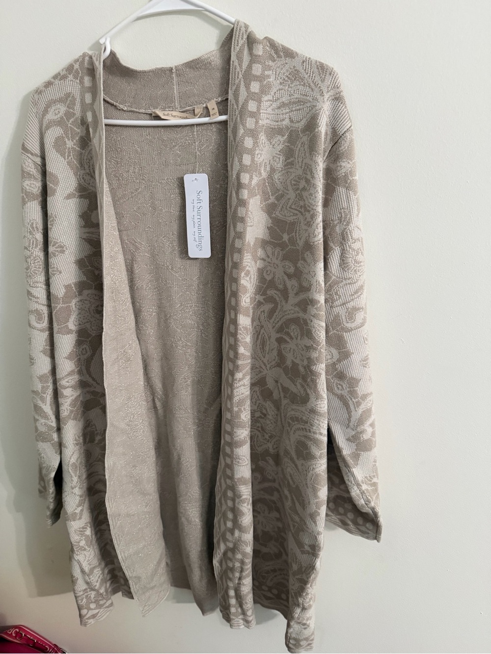 Soft Surroundings Tan Floral Jacquard Metallic Open Front Cardigan Size XL NWT